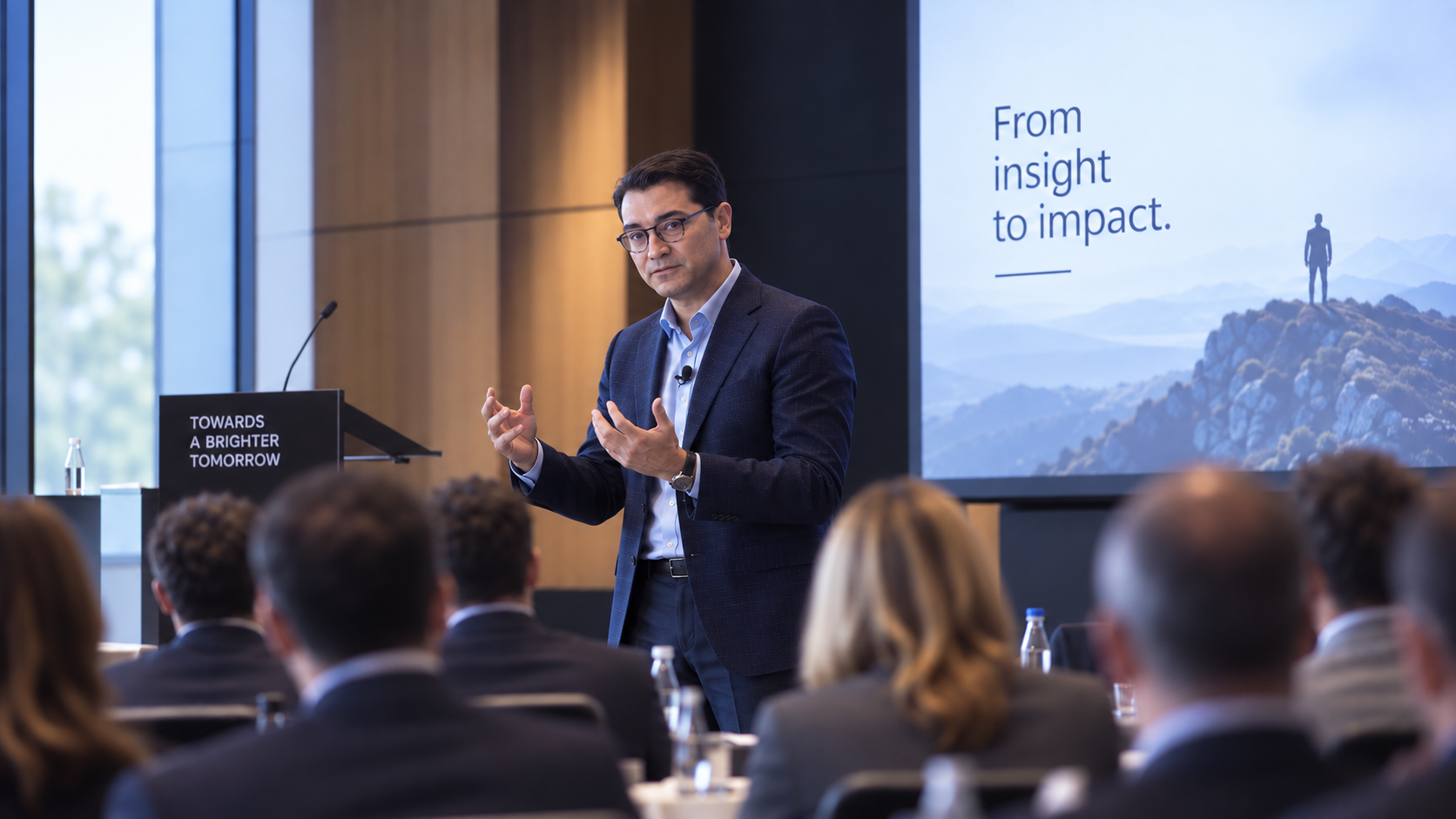 Günter Soydanbay speaking to a seated audience in a daylit conference room
